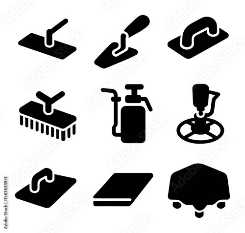Concrete Finishing Tools. Solid, filled icons set of finishing concrete surfaces: bull float, hand trowel,