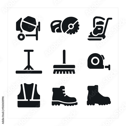 Concrete Tool Icons. Solid, filled icons set of concrete tools and equipment: cement mixer, concrete saw,