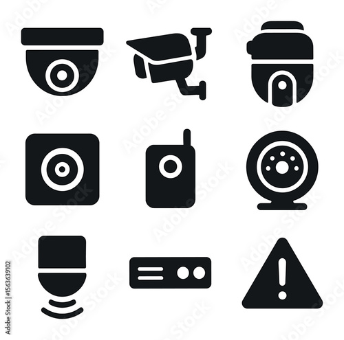 Security Camera Icons. Solid, filled icons set of security and surveillance cameras: dome camera, bullet