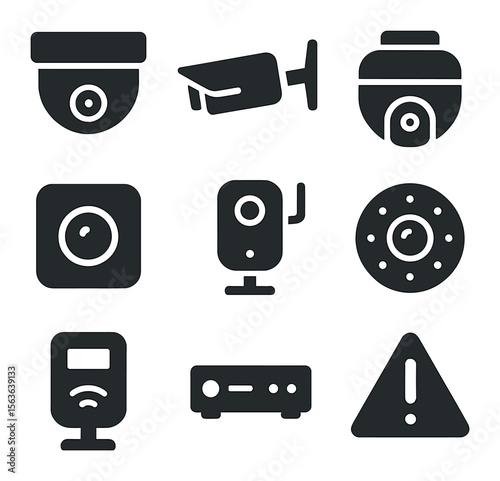 Security Camera Icons. Solid, filled icons set of security and surveillance cameras: dome camera, bullet