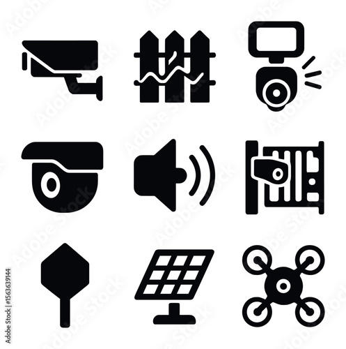 Outdoor Security Icons. Solid, filled icons set of outdoor perimeter security: infrared camera, fence sensor,