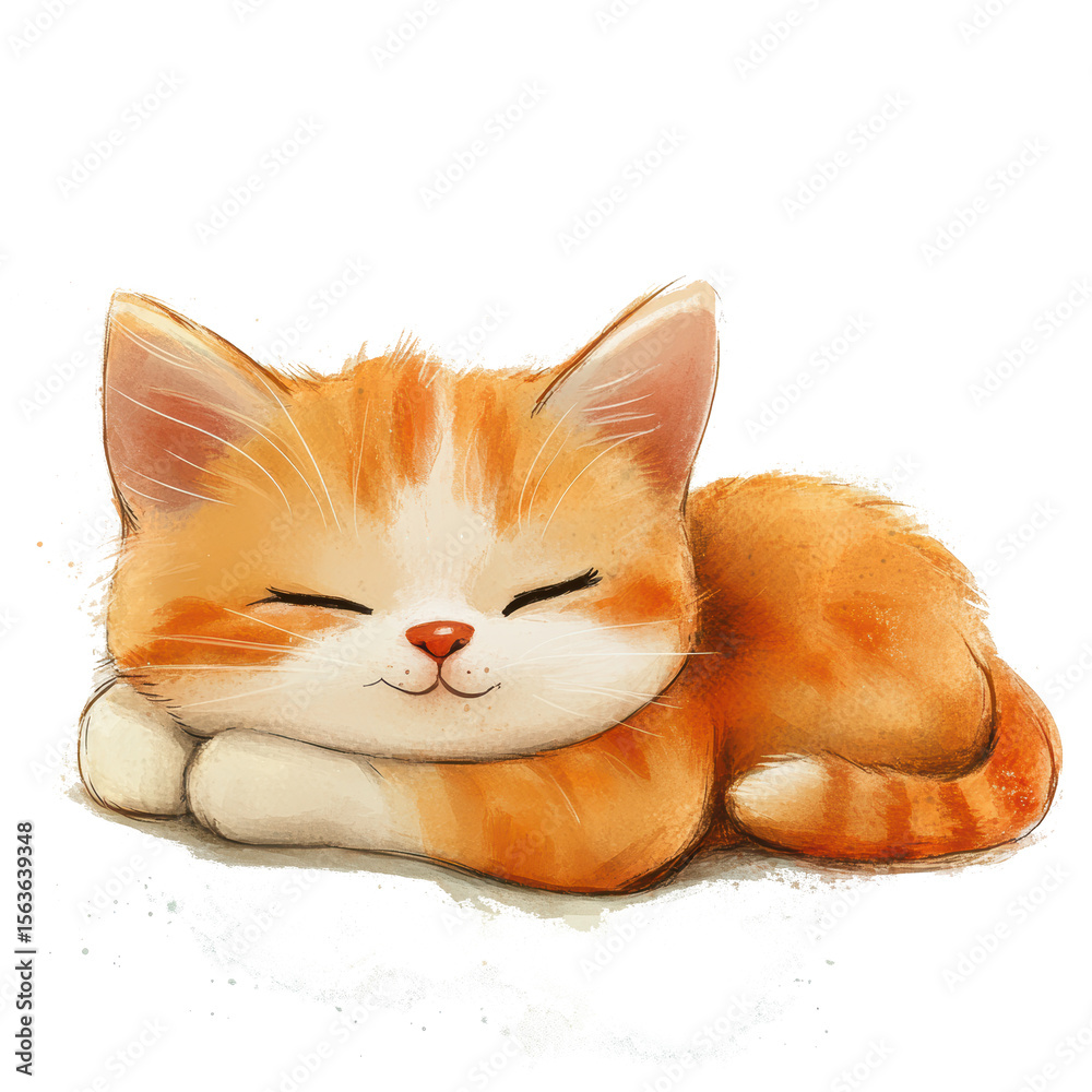 Fototapeta A cute orange and white cat is sleeping with its eyes closed. The cat is surrounded by hearts, which suggests that it is a symbol of love or affection. The image has a warm and cozy feeling