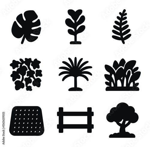 Home Office Jungle Icons. Solid, filled icons set of home office jungle themes: large monstera, tall fiddle