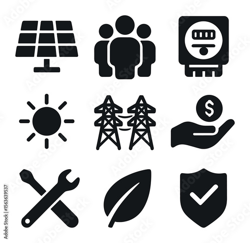 Community Solar Icons. Solid, filled icons set of community solar project essentials: solar panel array,