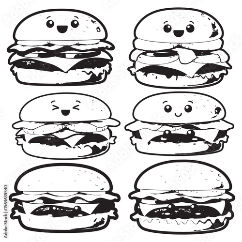 Bacon pineapple burger kawaii face black vector. Bacon pineapple burger black vector  bundle. Bacon pineapple burger  kawaii face  black vector, illustration, lineart