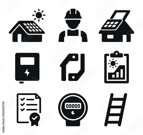 Rooftop Solar Icons. Solid, filled icons set of rooftop solar solutions: residential roof, installer figure,