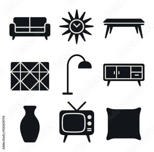 Mid-Century Icon Set. Solid, filled icons set of mid-century modern living room: low-profile sofa, sunburst