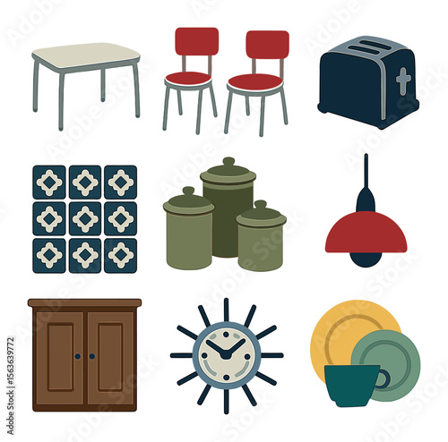 Retro Kitchen Icons. Solid, filled icons set of classic retro kitchen decor: Formica table, chrome chairs,