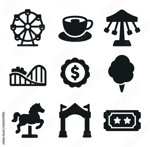 Carnival Ride Icons. Solid, filled icons set of carnival ride symbols: Ferris wheel, spinning teacup, swing