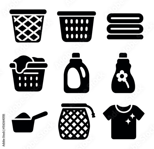 Laundry Icon Essentials. Solid, filled icons set of laundry basket essentials: woven laundry basket, plastic