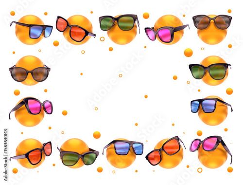 The bright summertime frame with stylish sunglasses on the yellow dummy balls. The collage on white background. 3d render.