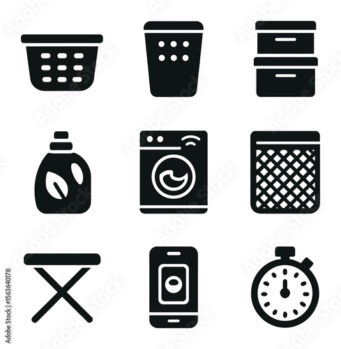 Modern Laundry Icons. Solid, filled icons set of modern laundry solutions: minimalist basket, compact hamper,