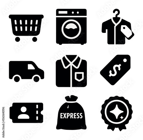 Laundry Services Icons. Solid, filled icons set of commercial laundry services: industrial basket, large