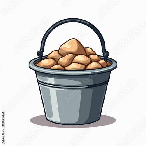 Cartoon Illustration of a Metal Bucket Filled with Sand or Rocks, Isolated on White Background