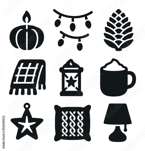 Cozy Lighting Icons. Solid, filled icons set of seasonal cozy lighting: pumpkin candle, string lights garland,