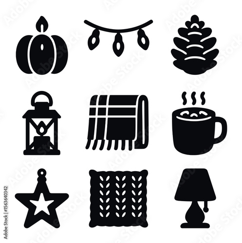 Cozy Lighting Icons. Solid, filled icons set of seasonal cozy lighting: pumpkin candle, string lights garland,