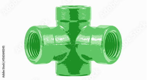 Green industrial cross pipe fitting with threaded ends