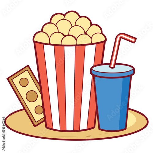 Popcorn bucket with drink and ticket isolated on white background