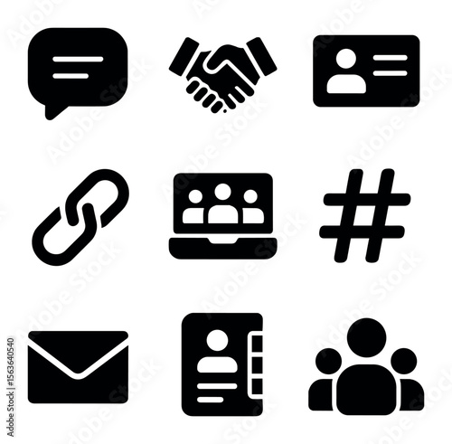 Virtual Networking Icons. Solid, filled icons set of virtual networking activities: chat bubble, handshake
