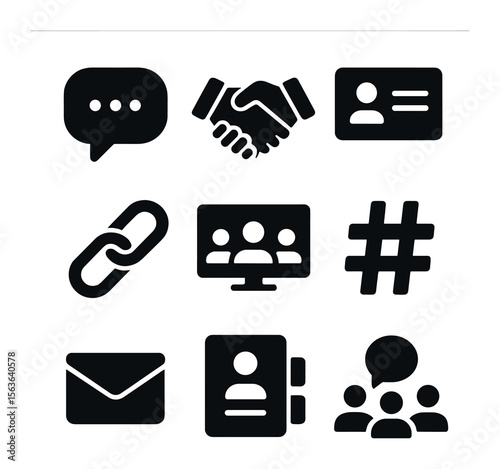 Virtual Networking Icons. Solid, filled icons set of virtual networking activities: chat bubble, handshake