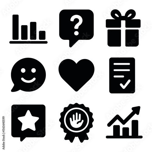 Engagement Tools Icons. Solid, filled icons set of attendee engagement tools: poll icon, trivia question,