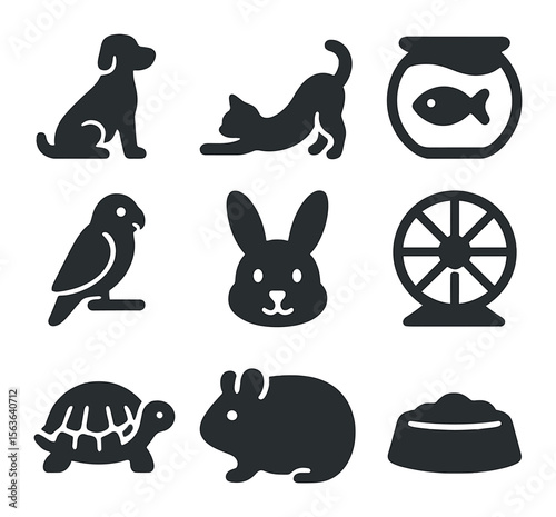 Domestic Pet Icons. Solid, filled icons set of domestic pets: sitting dog, stretching cat, fish in bowl,