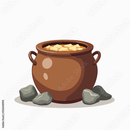 Cartoon Illustration of a Rustic Cooking Pot Filled with Stew, Surrounded by Stones