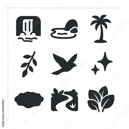Tropical Oasis Icons. Solid, filled icons set of hidden tropical oasis: hidden waterfall, shaded pool, palm