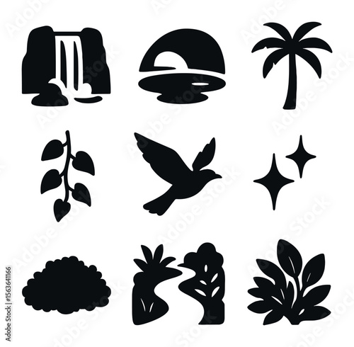 Tropical Oasis Icons. Solid, filled icons set of hidden tropical oasis: hidden waterfall, shaded pool, palm