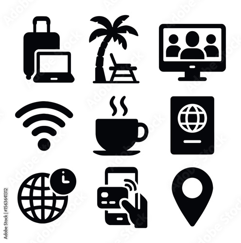 Digital Nomad Icons. Solid, filled icons set of digital nomad work life: suitcase with laptop, palm tree