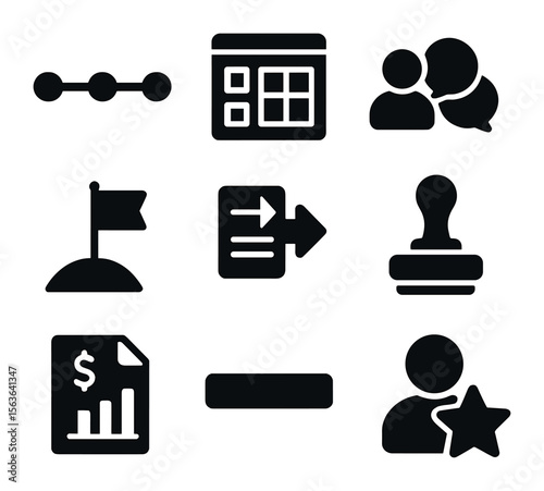 Freelance Management Icons. Solid, filled icons set of freelance project management: project timeline, task