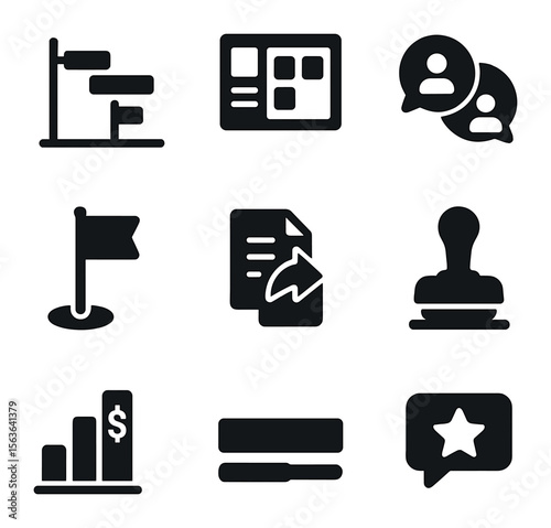 Freelance Management Icons. Solid, filled icons set of freelance project management: project timeline, task