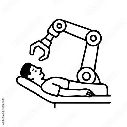 Robotic surgery concept vector illustration, showing innovation in medical technology. Ideal for healthcare, future tech, and automation projects. Simple black and white line art design.