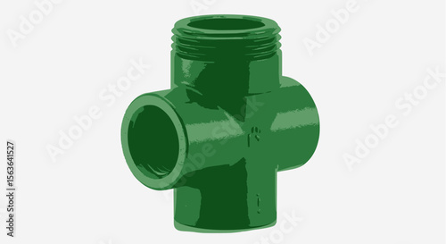 Green PVC cross pipe fitting for plumbing on white.