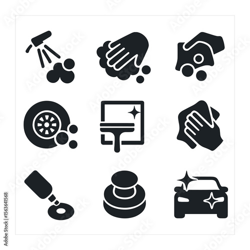 Car Cleaning Icons. Solid, filled icons set of washing techniques and steps: rinse spray, soaping motion,