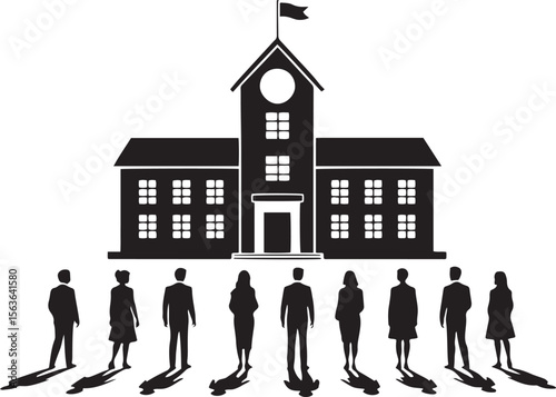 School building with people silhouettes students