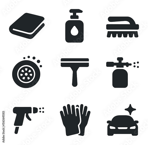 Cleaning Tools Icons. Solid, filled icons set of detailing and cleaning tools: microfiber cloth, soap bottle,