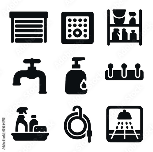 Garage Washing Icons. Solid, filled icons set of garage washing setup: garage door, floor drain, storage shelf