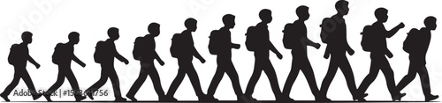 Silhouettes of people walking with backpacks progression