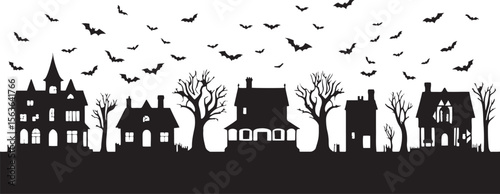 Spooky haunted houses and flying bats halloween night