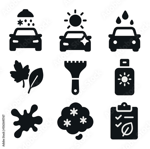 Seasonal Car Care Icons. Solid, filled icons set of seasonal car cleaning: winter wash icon, summer shine,