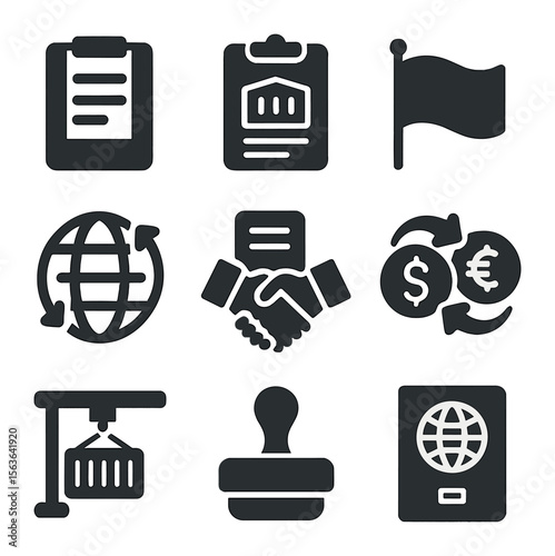 International Trade Icons. Solid, filled icons set of international trade and tech: customs form, shipping