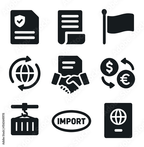 International Trade Icons. Solid, filled icons set of international trade and tech: customs form, shipping