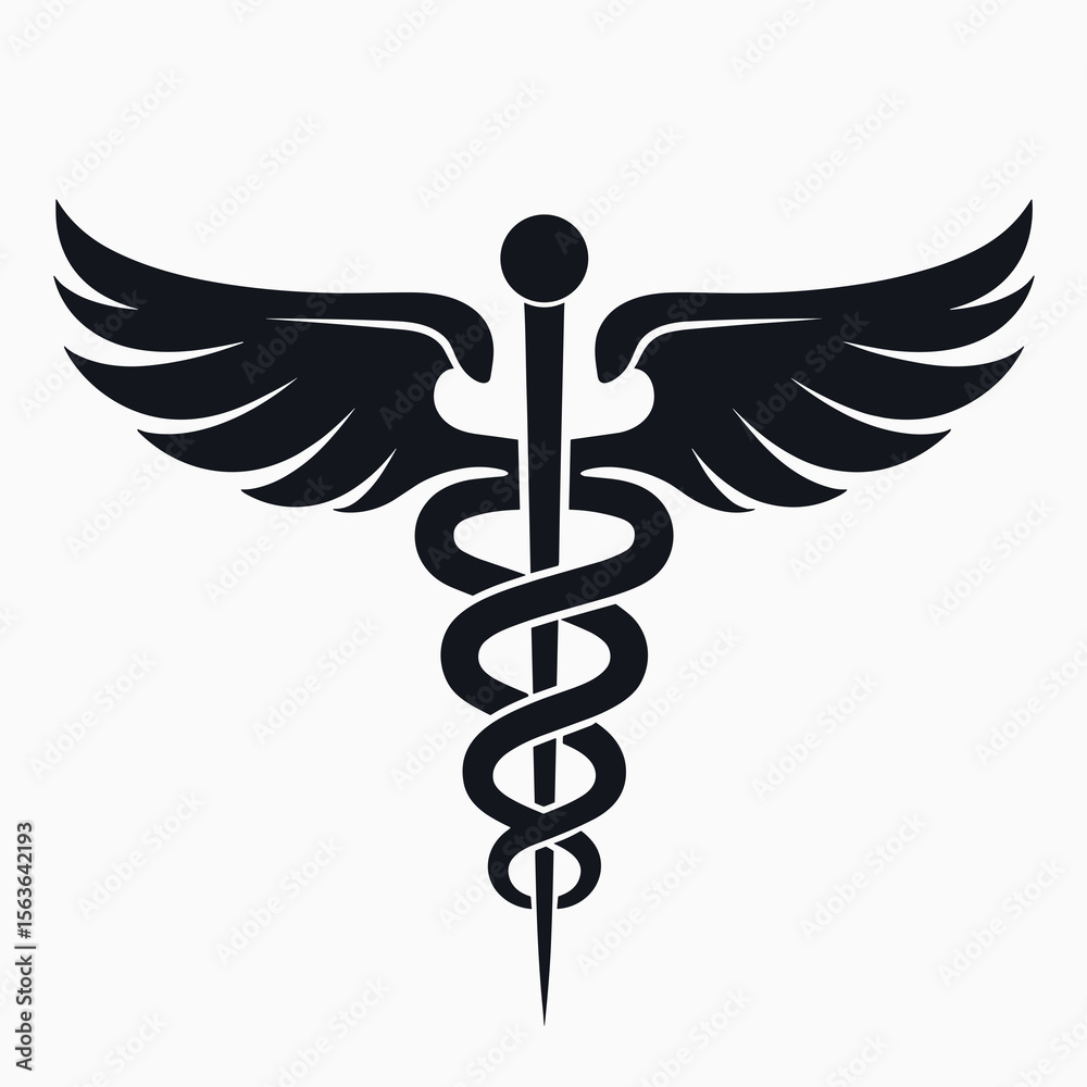 Black and White Caduceus Symbol with Wings Illustration for Medical and Healthcare Services Black and White Caduceus Symbol with Wings Illustration for Medical and Healthcare Services