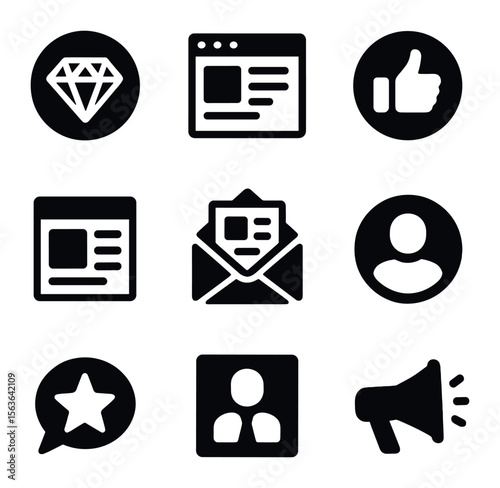 Brand Building Icons. Solid, filled icons set of brand building for consultants: logo design, website homepage