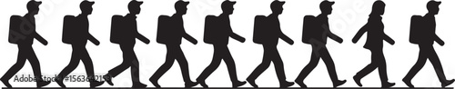Black silhouettes of people walking white