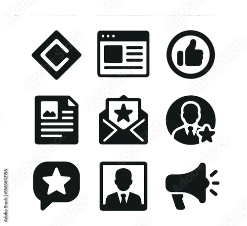 Brand Building Icons. Solid, filled icons set of brand building for consultants: logo design, website homepage