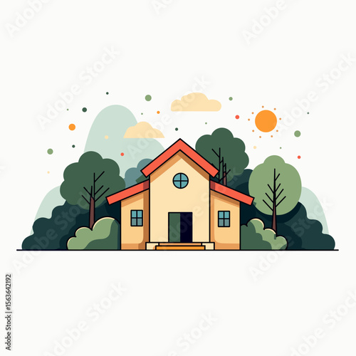 Charming Single Story House Surrounded by Lush Greenery and a Bright Sky, Vector Illustration