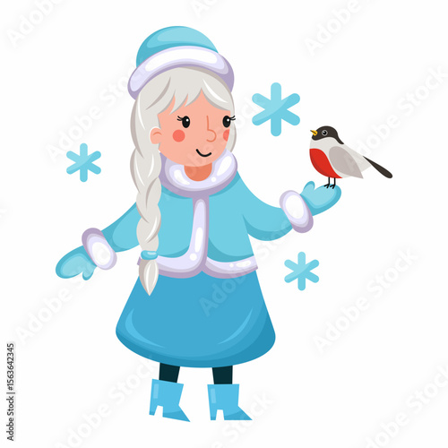 Russian Snegurochka or Snow Maiden and bullfinch. Vector illustration in cartoon style. Merry Christmas and Happy New Year.