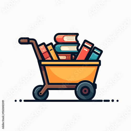 Cartoon Shopping Cart Full of Books Illustration for Online Bookstore or Library Promotion